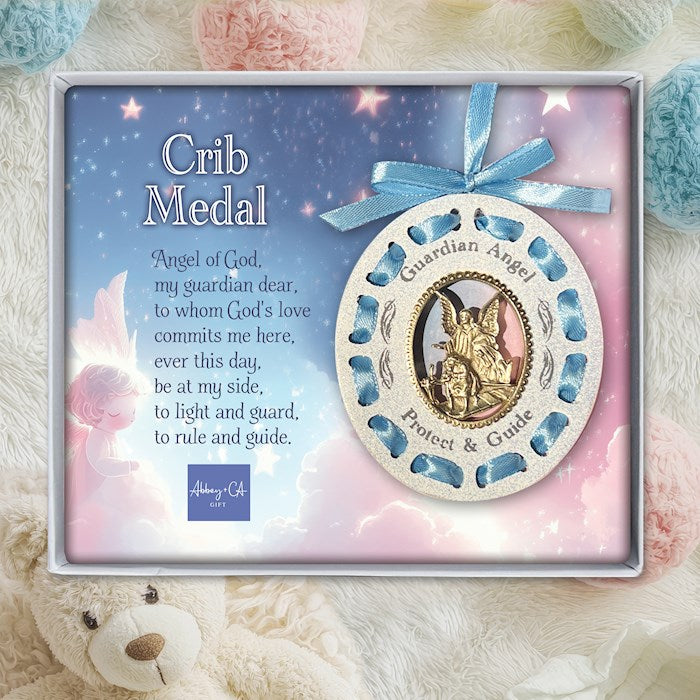 Crib Medal-Woven-Guardian Angel W/ Blue Ribbon