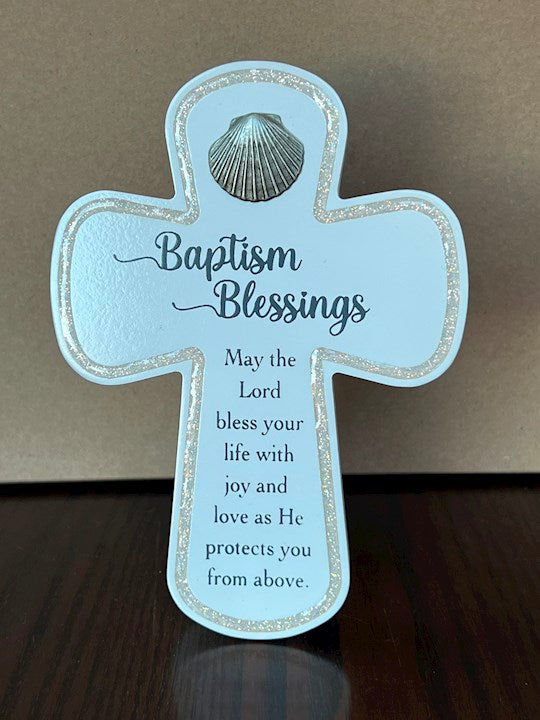 Cross-Baptism Blessings-White Glitter W/ Easelback