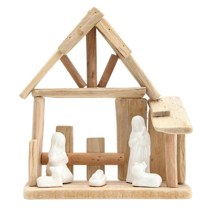 Nativity Manger-Ceramic &amp; Driftwood Nativity
