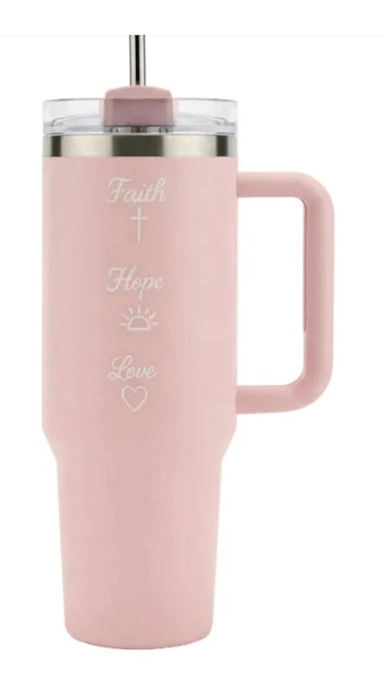 Travel Mug-Faith Hope Love w/Lid &amp; Straw-Pink (40oz) (