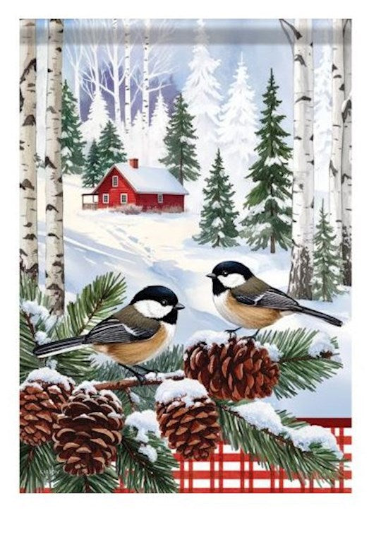 Flag-Garden-Durasoft-Chickadees At Cabin (12.5" x 18")