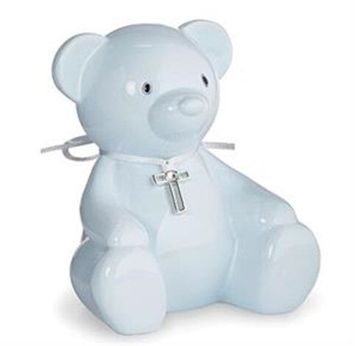 Bank-Teddy Bear W/Cross Charm (4.25" H)-Blue (Caroline Collection)