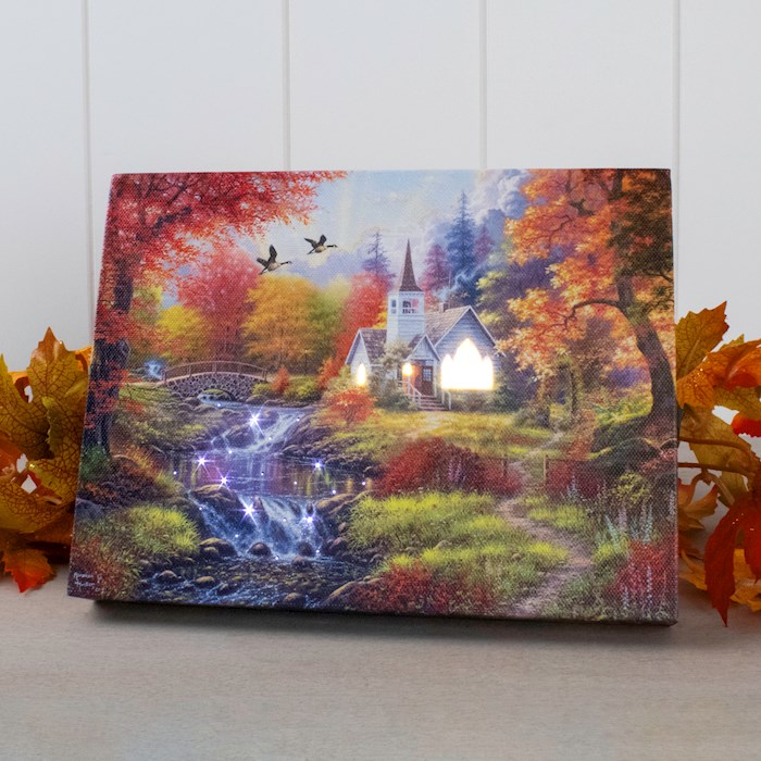 Mini Canvas-Woodland Church-LED Tabletop W/Timer (8" x 6")