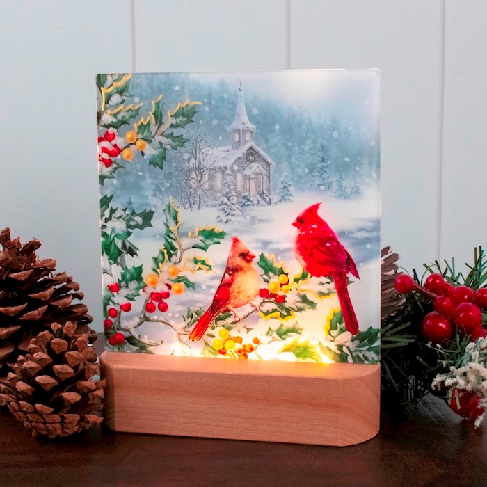 Night Light/Plaque-White Gold Cardinals LED w/Wood Base (7" H)