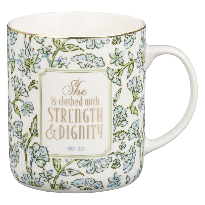 Mug-Strength And Dignity (Proverbs 31:25)-Blue Floral Ceramic