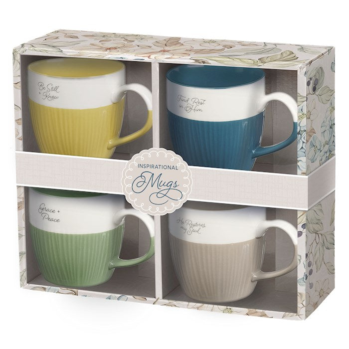 Mug Set-Blue Taupe Yellow and Green (Set Of 4)-Ceramic