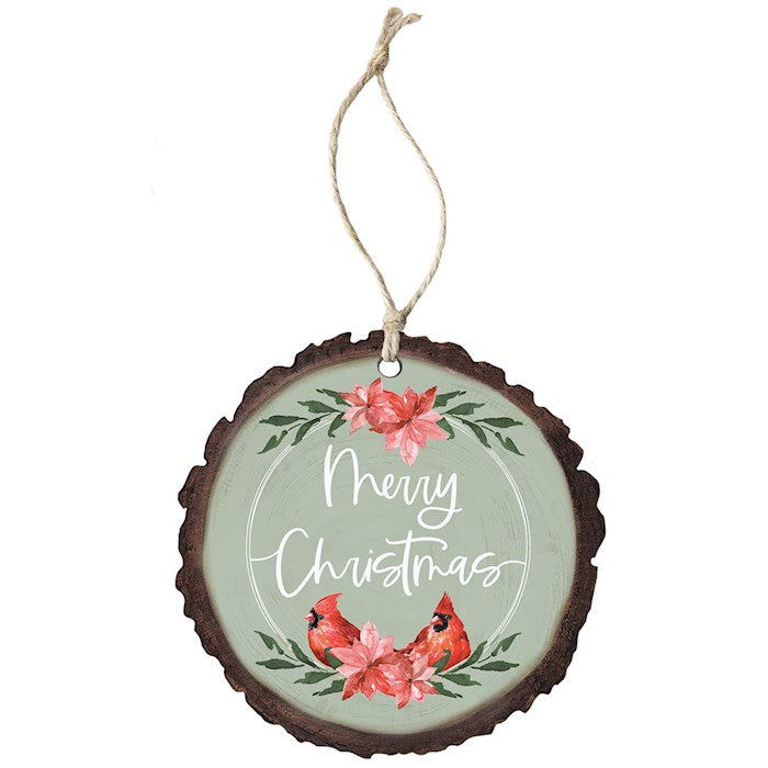 Ornament-Merry Christmas/Cardinals &amp; Poinsettias (4" x 7.5")-Wood