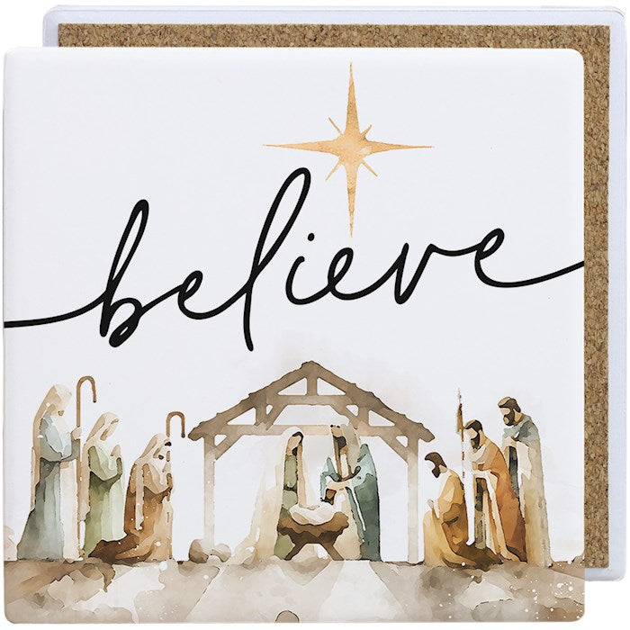 Coaster-Believe/Watercolor Nativity-Ceramic (3.75" x 3.75")