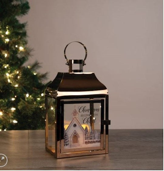 Lantern w/Flameless LED Candle &amp; Timer-Begins with Christ (12.25" x 6" x 4.5")