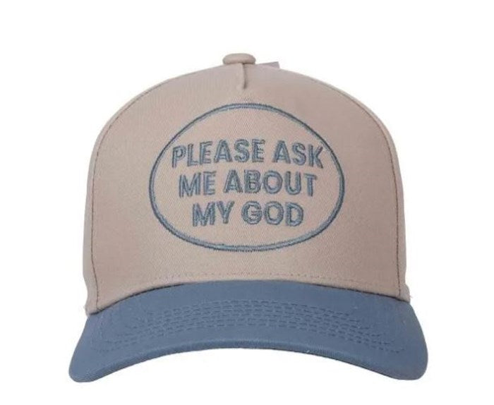 Cap-Ask Me About My God-Blue/Tan