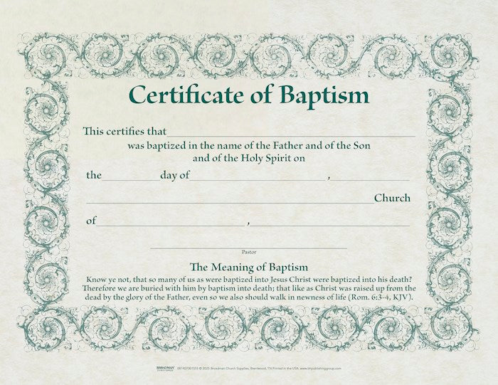Certificate-Baptism w/Romans 6:3-4 (Parchment) (8-1/2" x 11") (Pack Of 6)