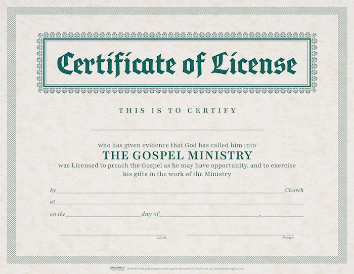 Certificate-License-Minister (Parchment) (8-1/2" x 11") (Pack Of 6)