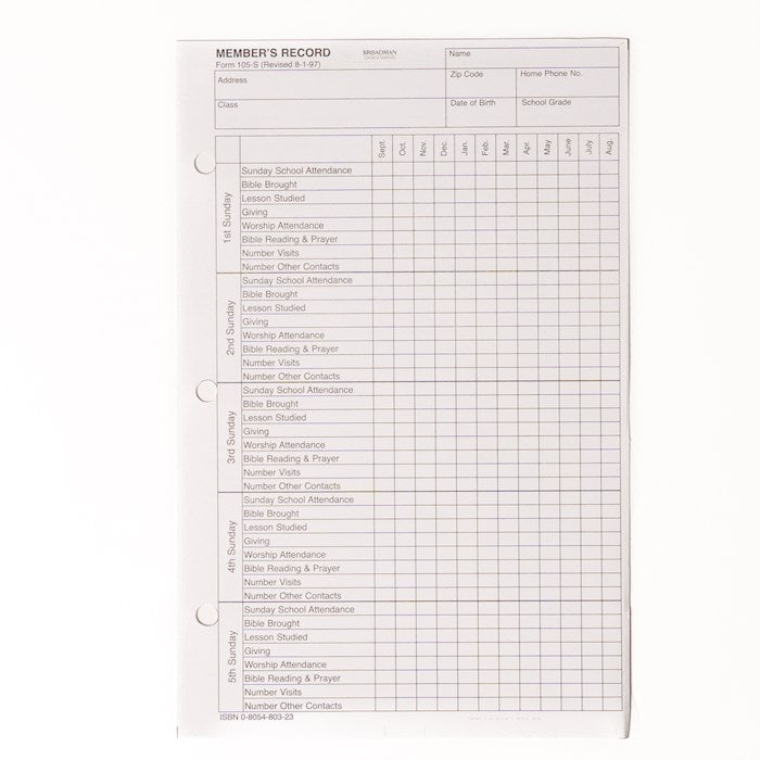 Form-Sunday School Member Report (3-Hole Punched) (Form 105-S) (Pack Of 100)