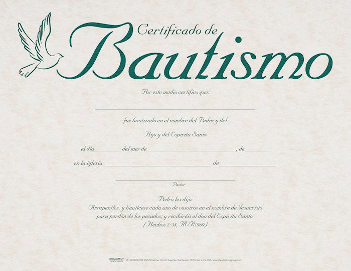 Certificado de Bautismo-Papel Pergamino (Certificate-Baptism (Parchment) (Pack Of 6)