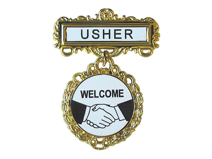 Badge-Usher Welcome-Pin Back-Fancy Round-Brass