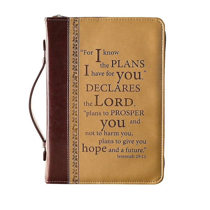 Bible Cover-For I Know The Plans (Jeremiah 29:11)-Two-Tone Brown Faux Leather Classic-Large