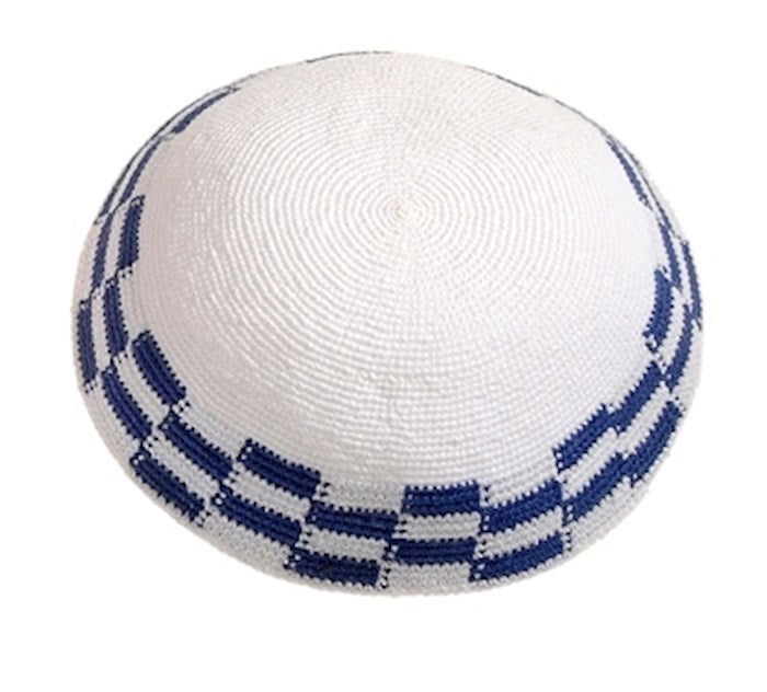 Kippah-Crocheted-White w/Blue Or Black Trim (