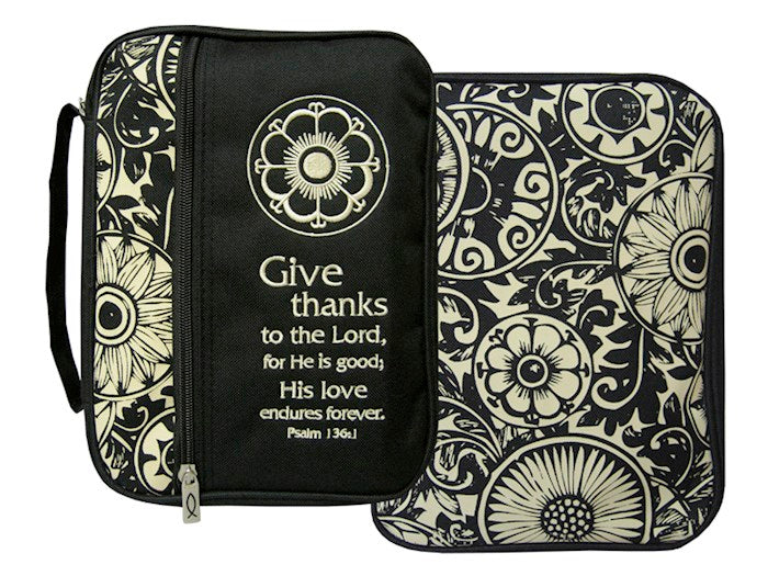 Bible Cover-Canvas-Give Thanks Print-Black/Tan-LRG