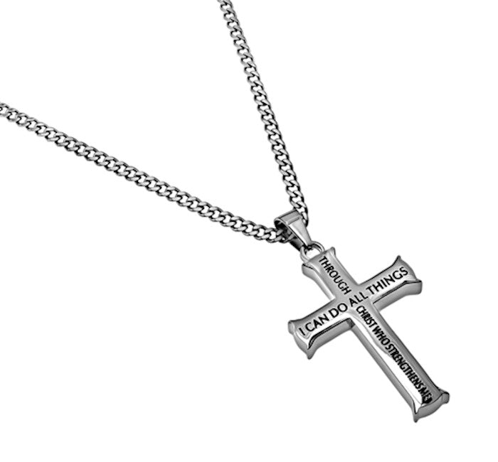 Necklace-Iron Cross-I Can Do All Things... (Phil 4:13) (20&quot;)