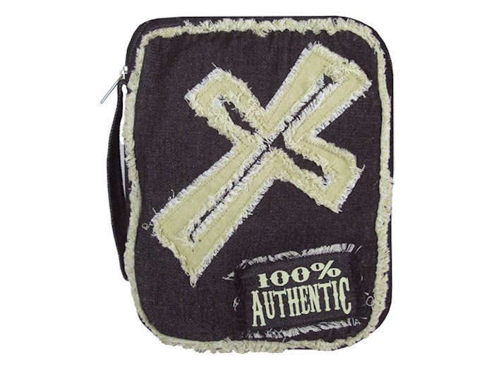 Bible Cover-Distressed Cotton-Cross Applique-Black-MED