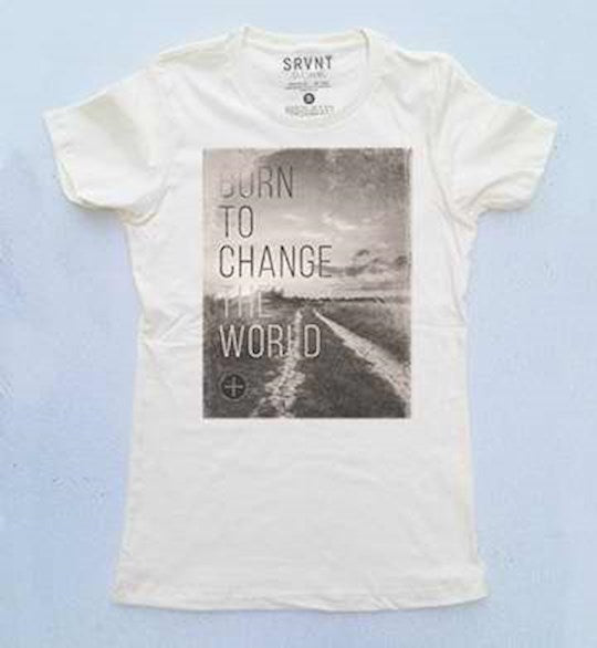 Tee Shirt-Born To Change The World Womens Boyfriend Tee- Small-Ivory W/Brown/Grey