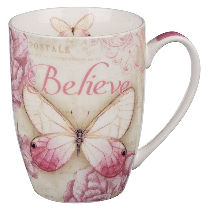 Mug-Butterfly Blessings/Believe w/Gift Box (Mark 9:23)-Pink (MUG401)