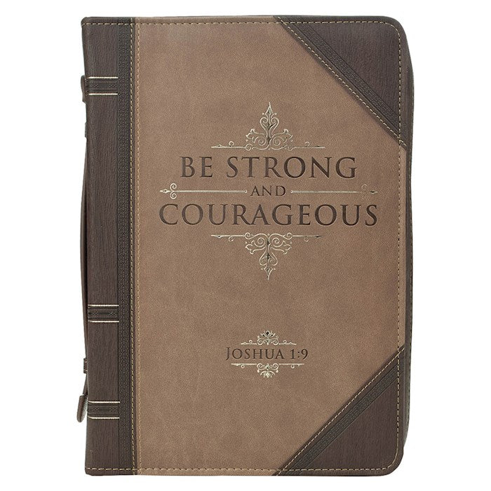 Bible Cover-Be Strong And Courageous (Joshua 1:9)-Portfolio Walnut-Brown/Tan Faux Leather Classic-Medium