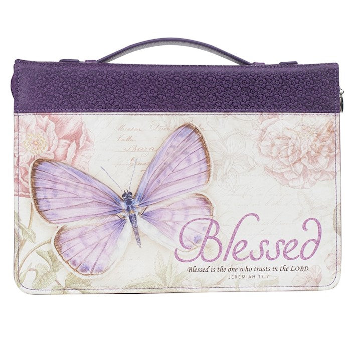 Bible Cover-Blessed (Jeremiah 17:7)-Purple Butterfly Blessings Faux Leather Fashion-Large