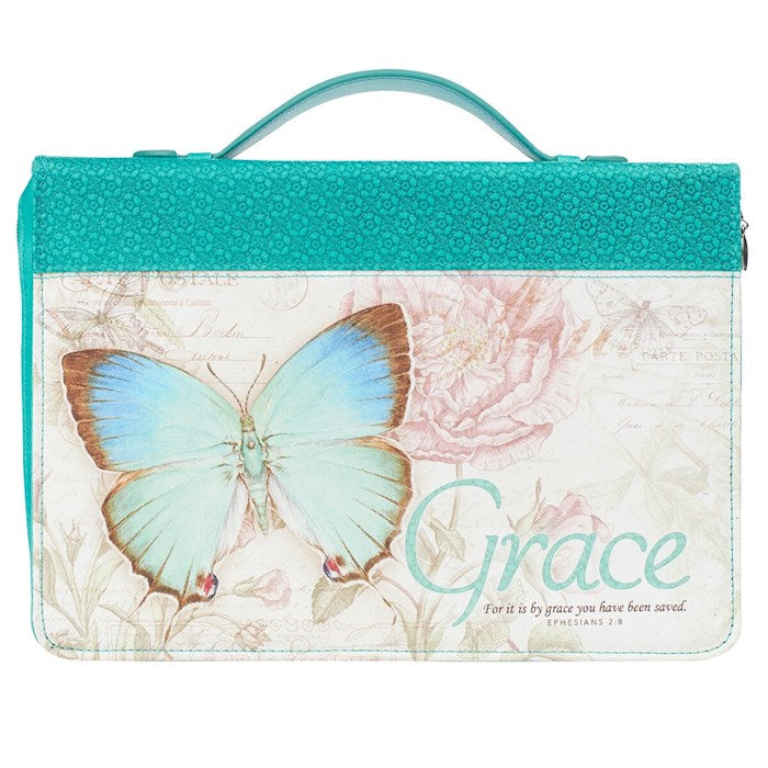 Bible Cover-Grace/Butterfly Blessing (Ephesians 2:8)-Teal Faux Leather Fashion-Medium