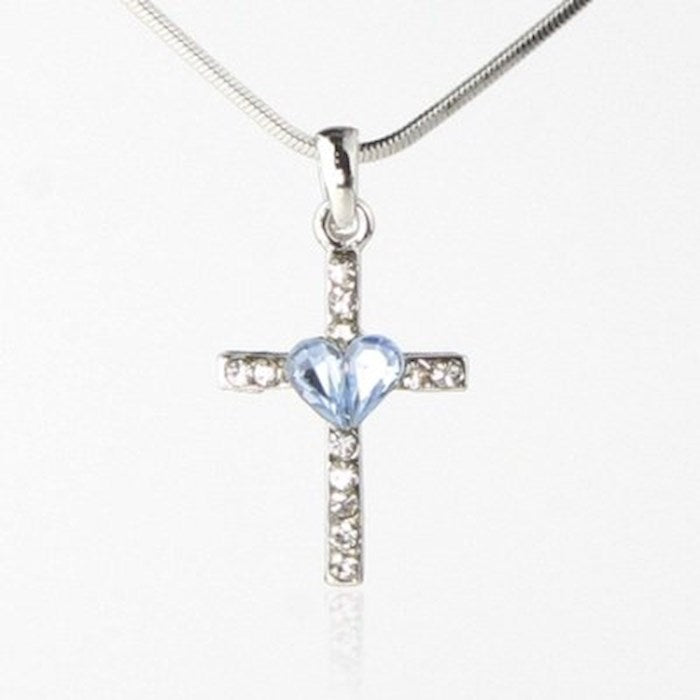 Necklace-Eden Merry-Cross Cross w/Blue Heart (18&quot;)