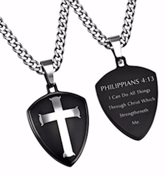 Necklace-Black R2 Shield Cross-Christ My Strength (Mens)-24&quot; Chain