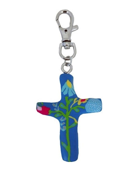 Keychain-Comforting Clay Cross-Multiple Blessings (Blue) (3&quot;)
