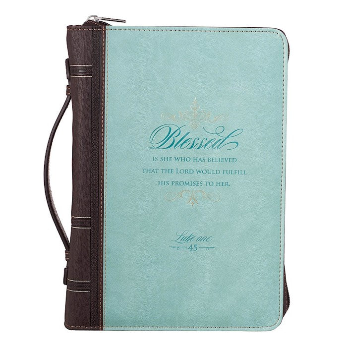 Bible Cover-Blessed Is She (Luke 1:45)-Two-Tone Light Blue/Brown Faux Leather Fashion-Large