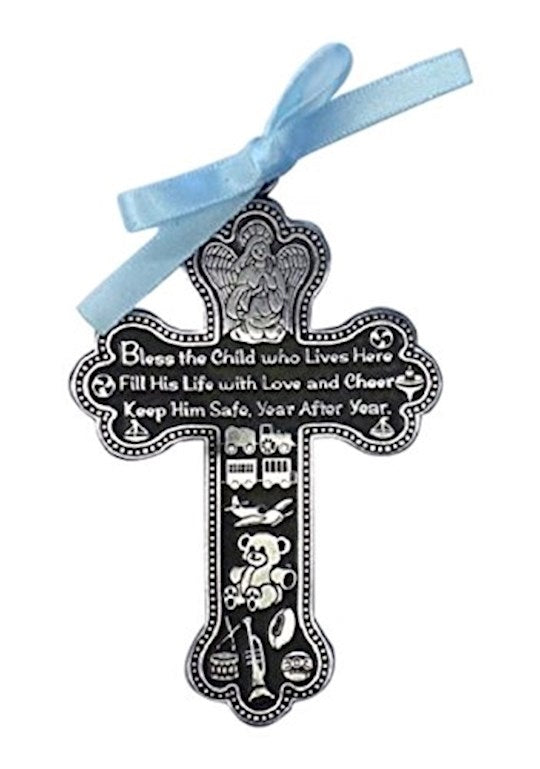 Crib Cross-Bless This Child w/Blue Ribbon-Pewter (Gift Boxed)