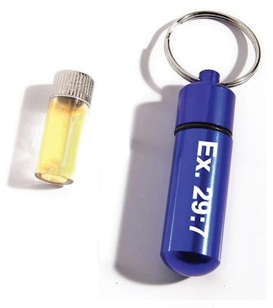 Key Chain-Anointing Oil Holder (Exodus 29:7)-Blue Metal (