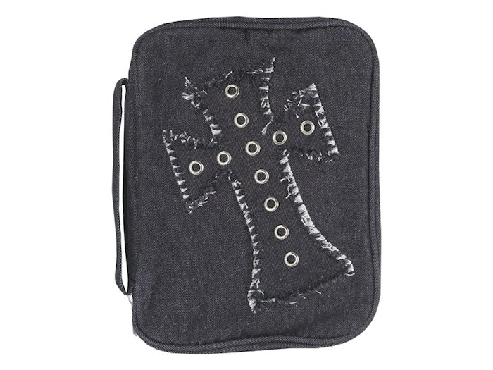 Bible Cover-Denim W/Grommets &amp; Cross Applique-Black-XLG
