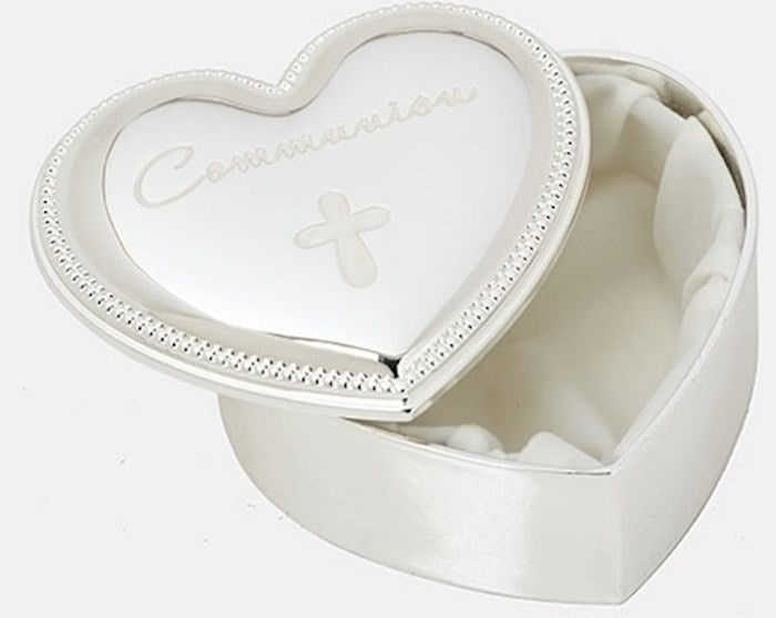 Keepsake Box-First Communion-Heart Shape w/Cross &amp; Beaded Edge (2.5" H)