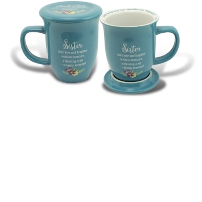 Mug-Grace Outpoured-Sister-Blue/White Interior w/Coaster/Lid (14 Oz)