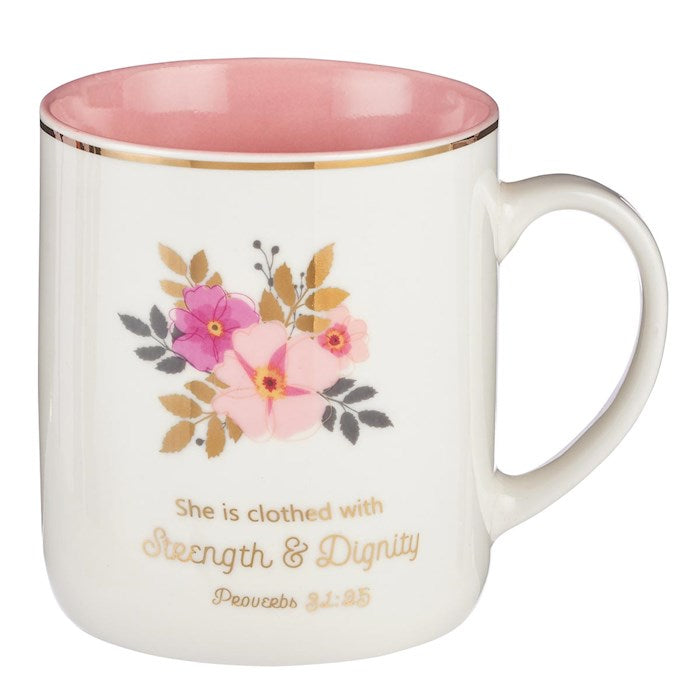 Mug-She Is Clothed With Strength &amp; Dignity w/Gift Box (Proverbs 31:25)-White/Pink (MUG585)