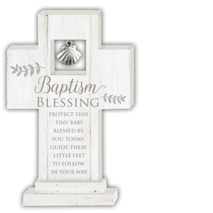 Cross-Baptism w/Metal Shell Motif-Standing (6")