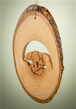 Ornament-Olive Wood-Bark Slice With Grizzly Bear (4" to 6")