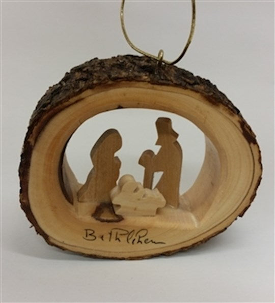 Ornament-Olive Wood-Round Bark With Holy Family (3")