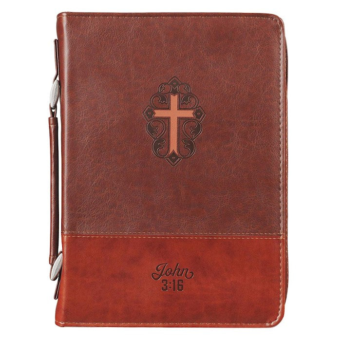 Bible Cover-Cross/John 3:16-Two-Tone Brown Faux Leather-Large
