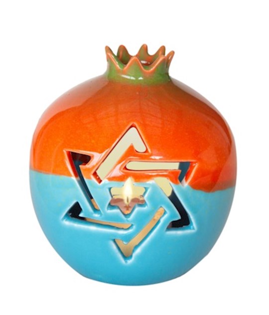 Candle Holder-Pomegranate Tealight (5" x 4")-Orange/Teal (