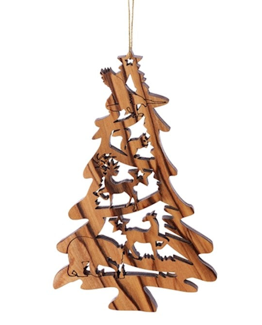 Ornament-Olive Wood-Laser Cut Tree w/Bear (2.5")