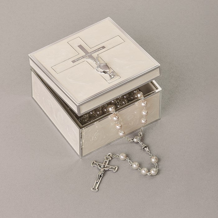 Keepsake Box-First Communion w/Cross/Wheat &amp; Chalice (2.25")