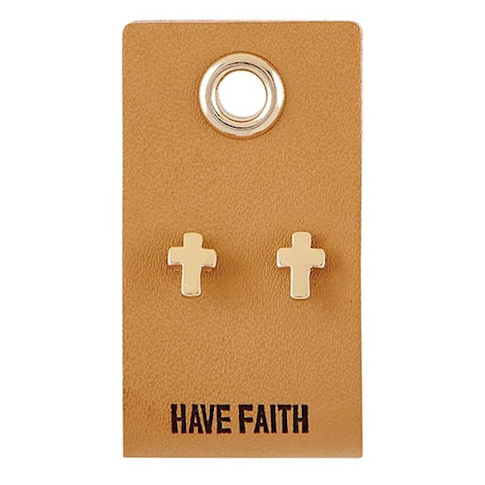 Earrings-Have Faith/Cross Studs On Leather Tag