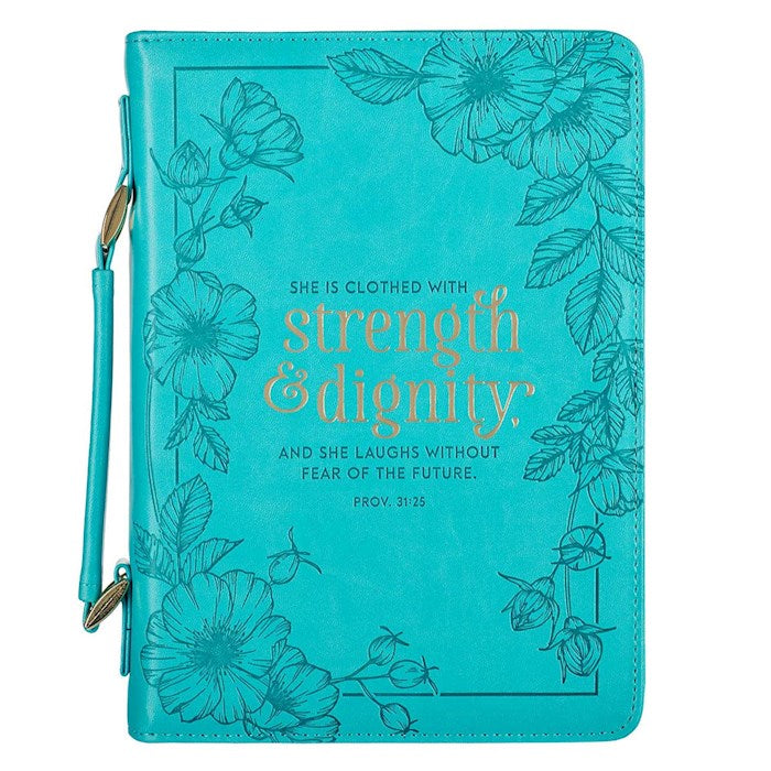 Bible Cover-She Is Clothed With Strength &amp; Dignity (Proverbs 31:25)-Teal Faux Leather Fashion-Large
