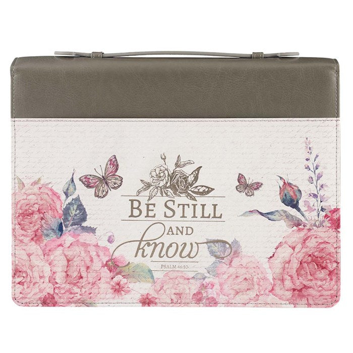 Bible Cover-Be Still And Know (Psalm 46:10)-Pink Floral/Gray Faux Leather Fashion-Large