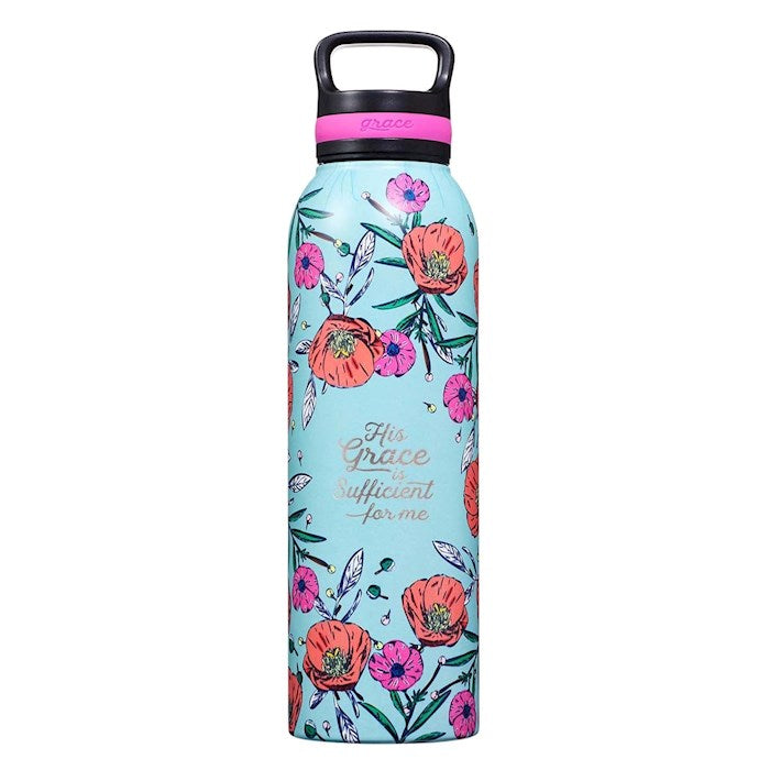 Water Bottle-His Grace Is Sufficient (2 Corinthians 12:9)-Teal Floral Stainless Steel (24 oz)